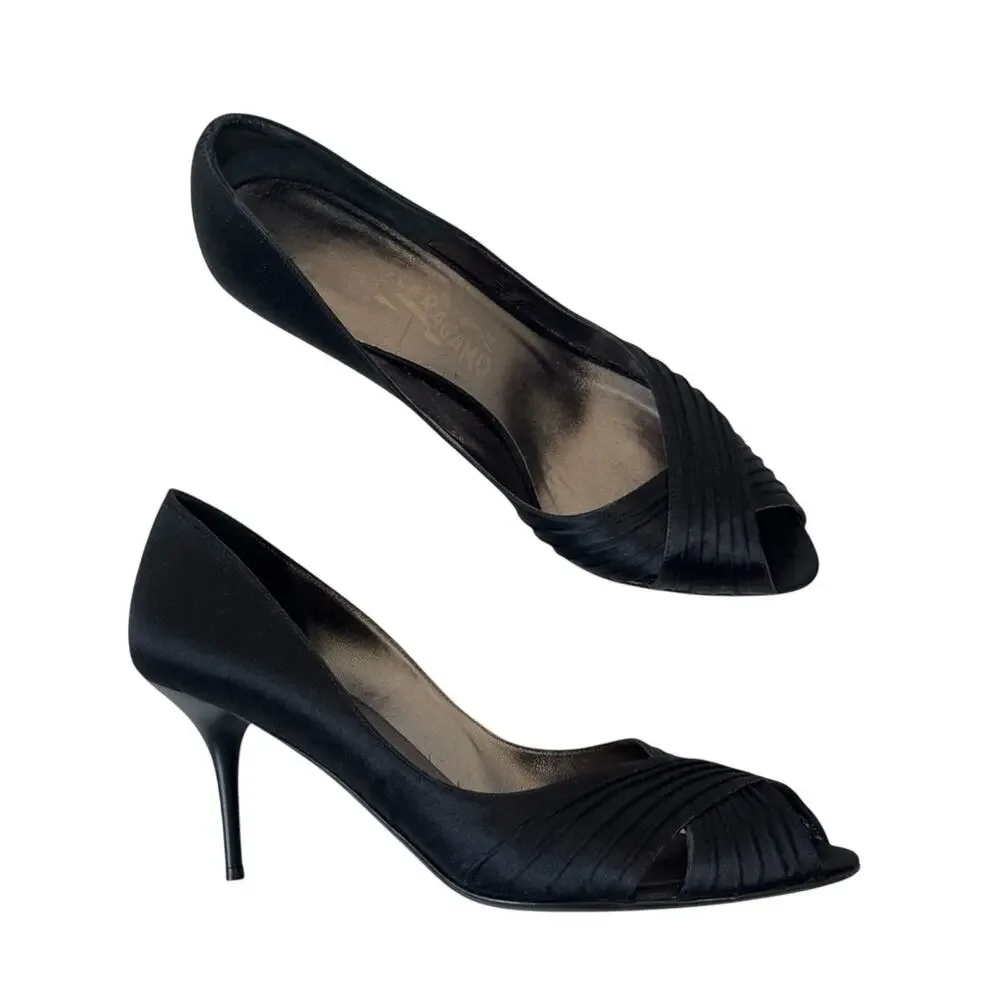 Salvatore Ferragamo Black Satin Peep Toe Pumps Heels Womens 9.5 Classic Luxury